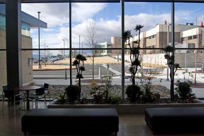 Looking outside the WPI from the lobby area